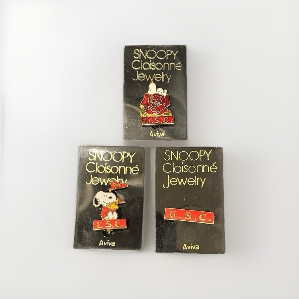 Lot Of 3 Vintage Snoopy USC Pins Aviva Cloisonné Jewelry  Peanuts Enamel